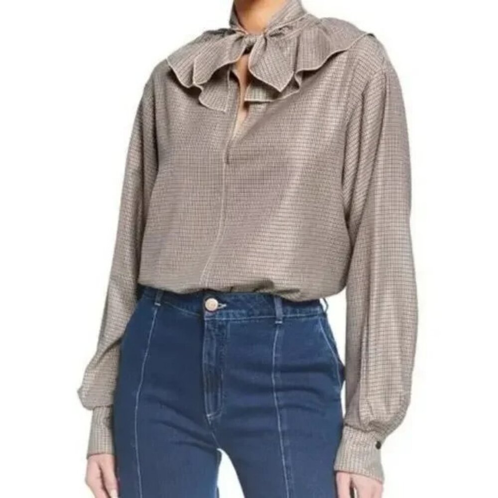 See by Chloé - Tie-Neck Ruffle Check Long-Sleeve Blouse